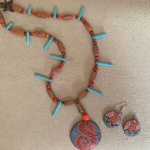 Handcrafted Turquoise and Red Necklace Set